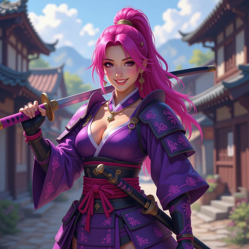 Friendly Pink-Haired Samurai Aids Village in Dark Fantasy St...