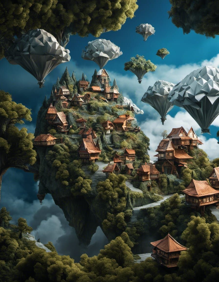 Origami Elf City Floating in the Clouds