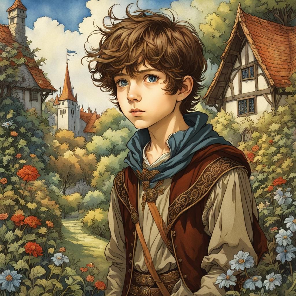 Surprised Boy in Medieval Garden, Arthur Rackham Style