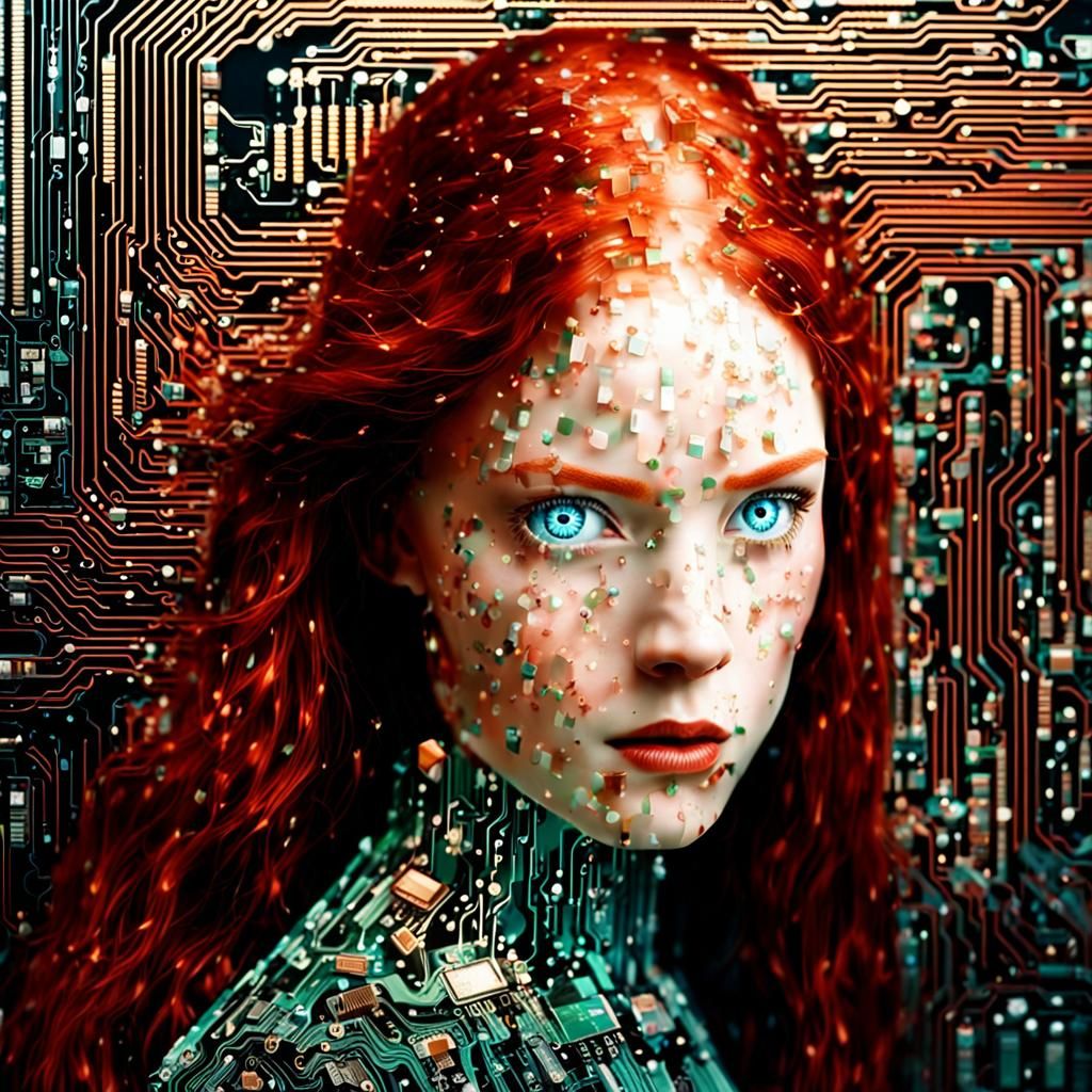 Enchanting Cyberpunk Goddess Among Electronic Circuitry