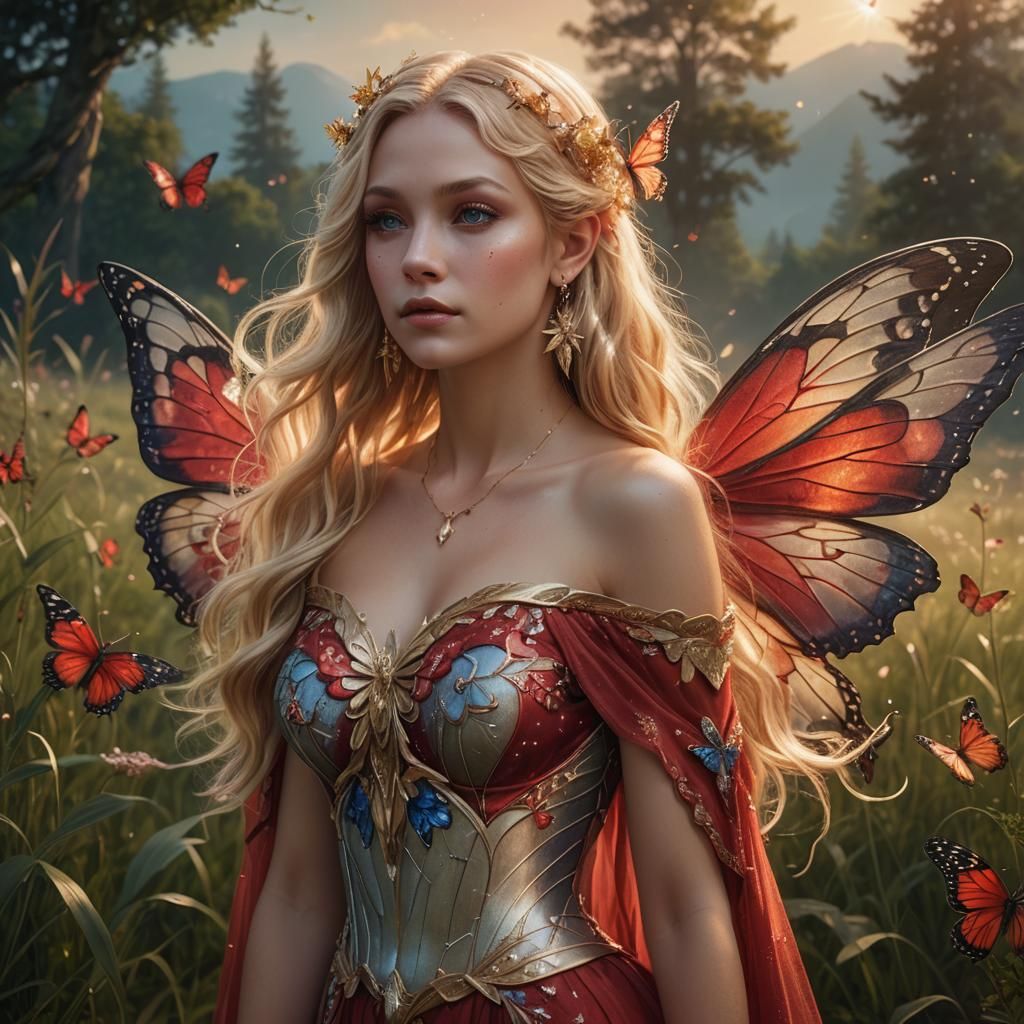 Fairy Goddess with Butterfly Wings in Meadow