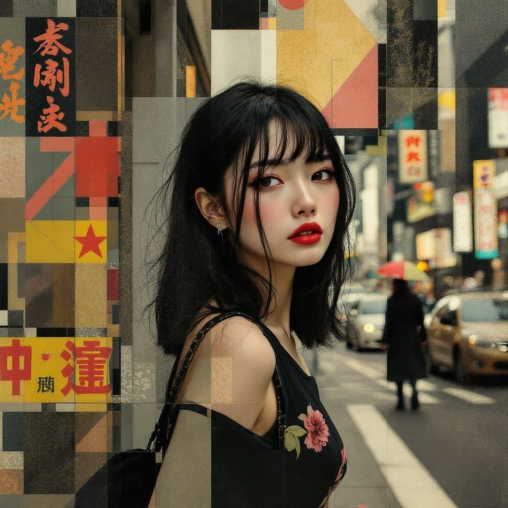 Asian Woman in Downtown Tokyo, Inspired by Cubist Fragmentat...
