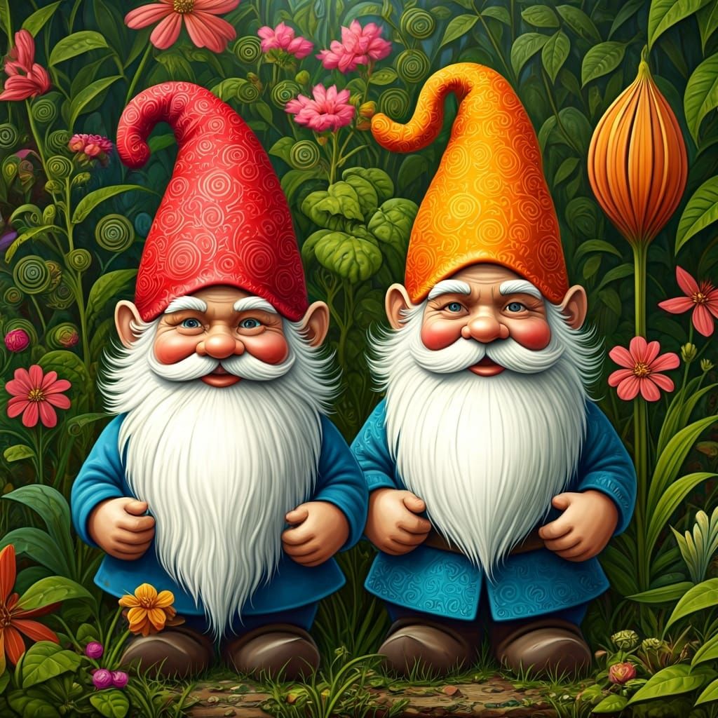 Gnomes in Summer Garden, Holographic Astral Illustration