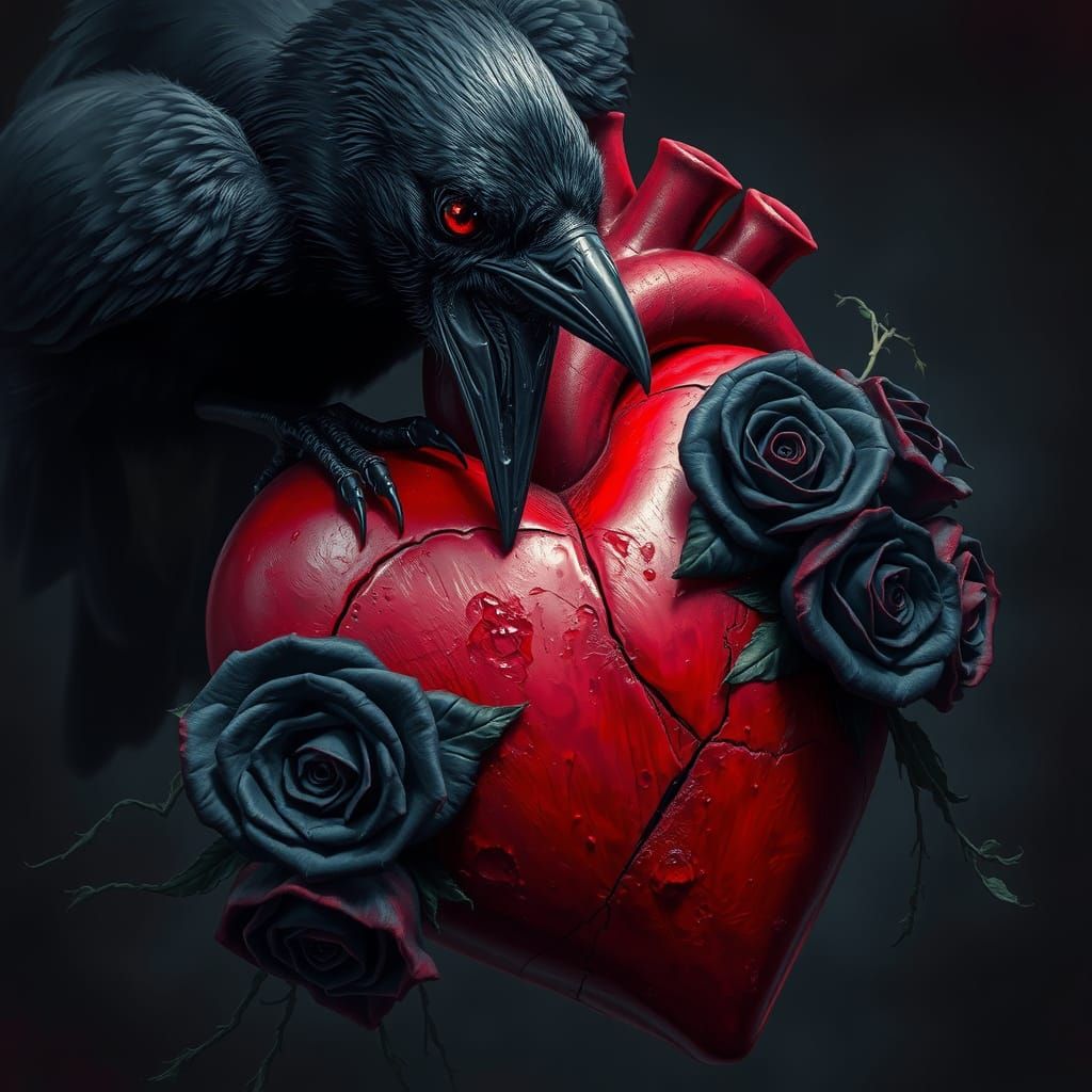 Sinister Valentine Heart Attacked by Raven, Hyperrealistic