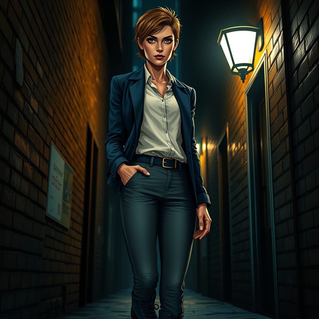 Confident Detective in Gritty Noir Alleyway