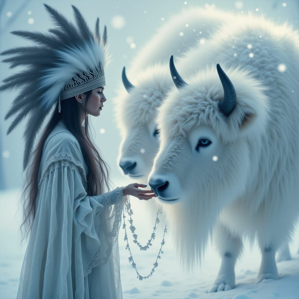 Ethereal Native American Woman and Spirit Bison in Winter Bl...