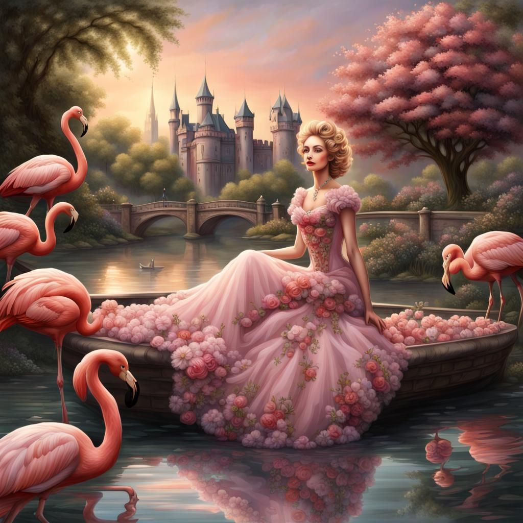 Victorian Woman with Flowers and Flamingos