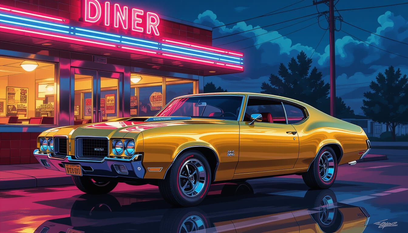 1970 Oldsmobile 442 at Neon Diner in Comic Art Style