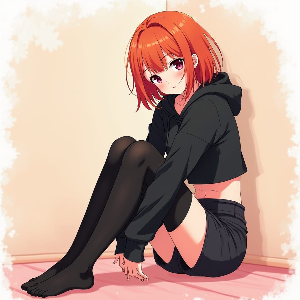 Ginger Anime Girl in Hoodie and Thigh Highs