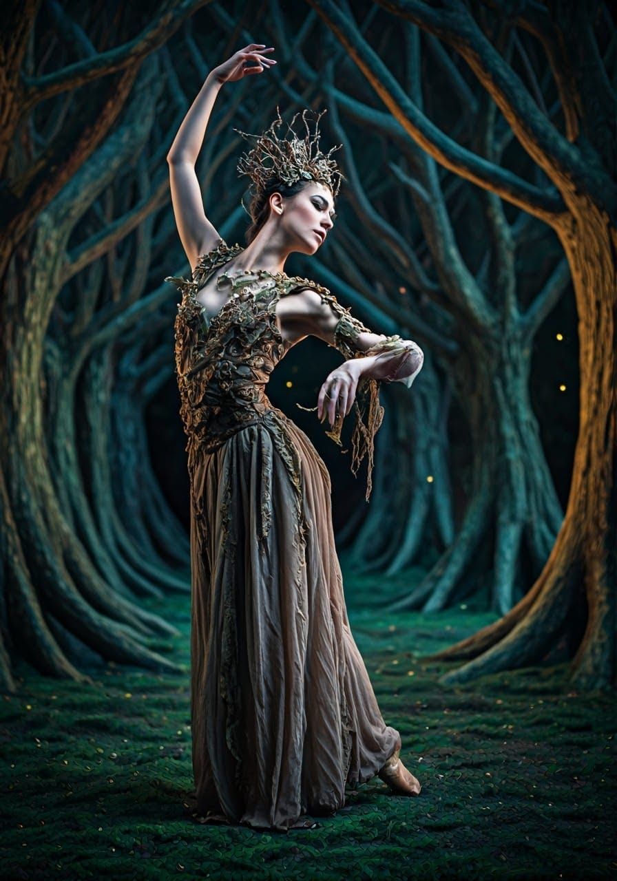 Dryad Dancer in Moonlit Forest, Ethereal Art