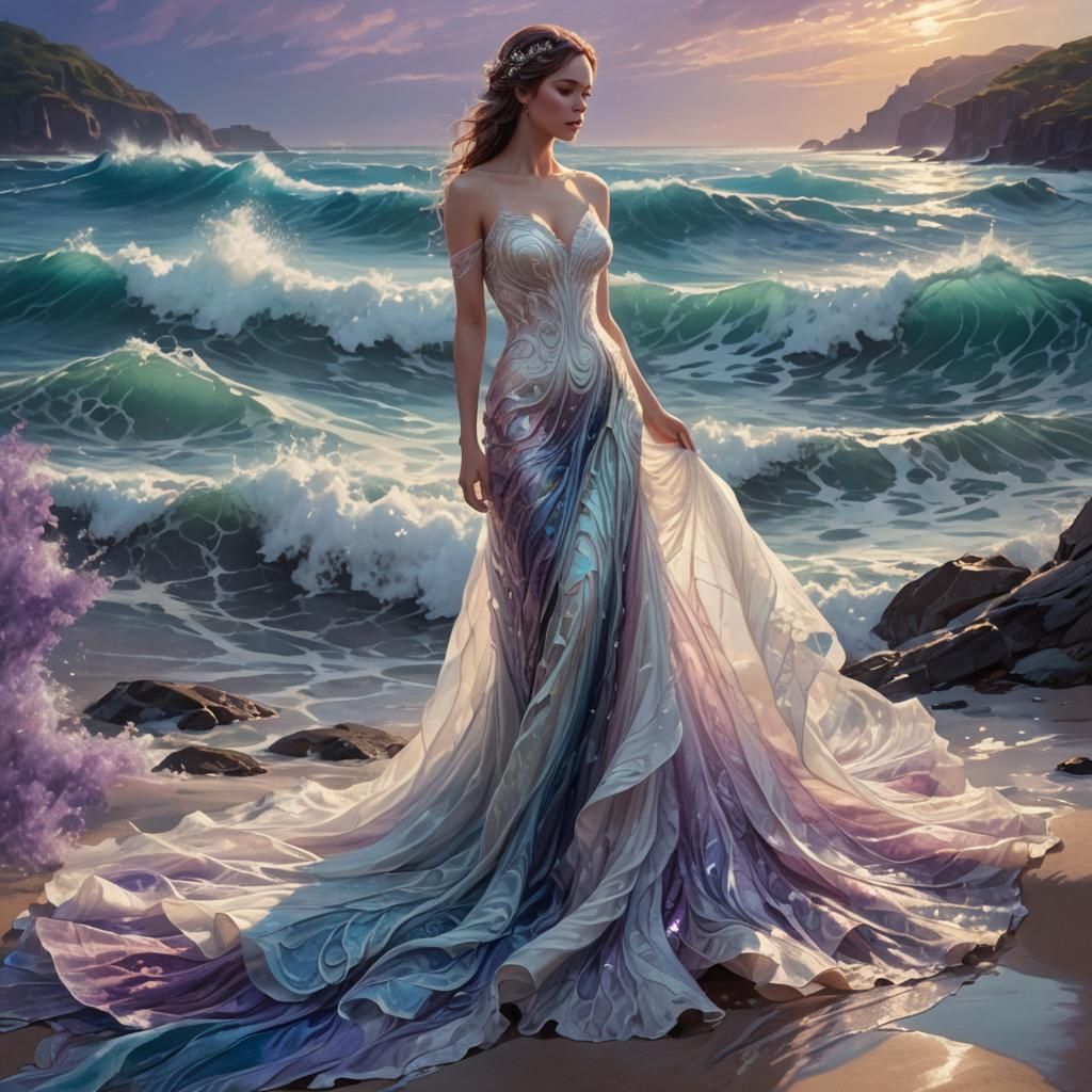 Ocean Wave Wedding Dress in Serene Landscape