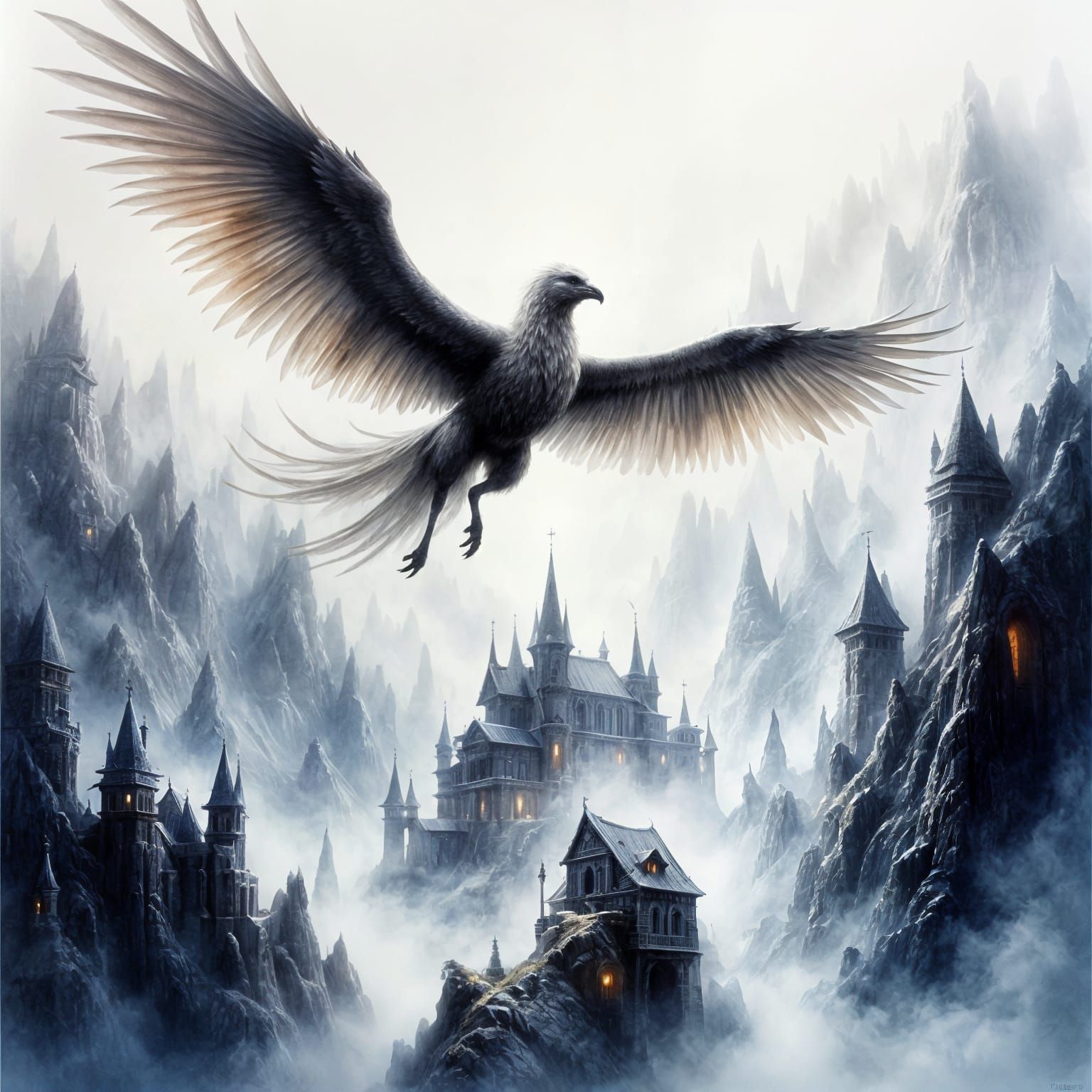 Griffin in Misty Mountains Watercolor Painting