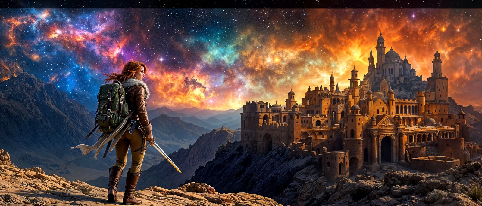 Aviator Contemplates Ancient City Under Nebula