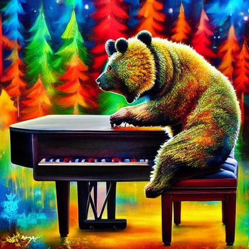 Happy Bear Playing Jazz Piano on Corrugated Canvas