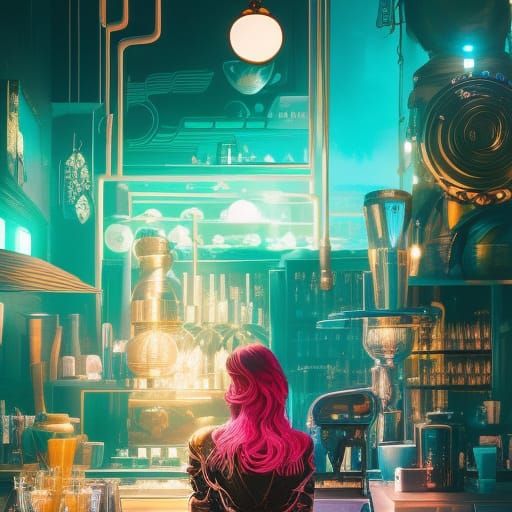 Cyberpunk Coffee Cafe in Paris at Night