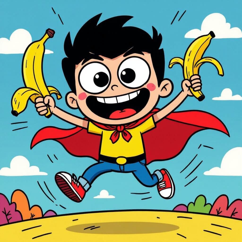 Cartoon Character Jumping with Banana Sword in Animated Styl...