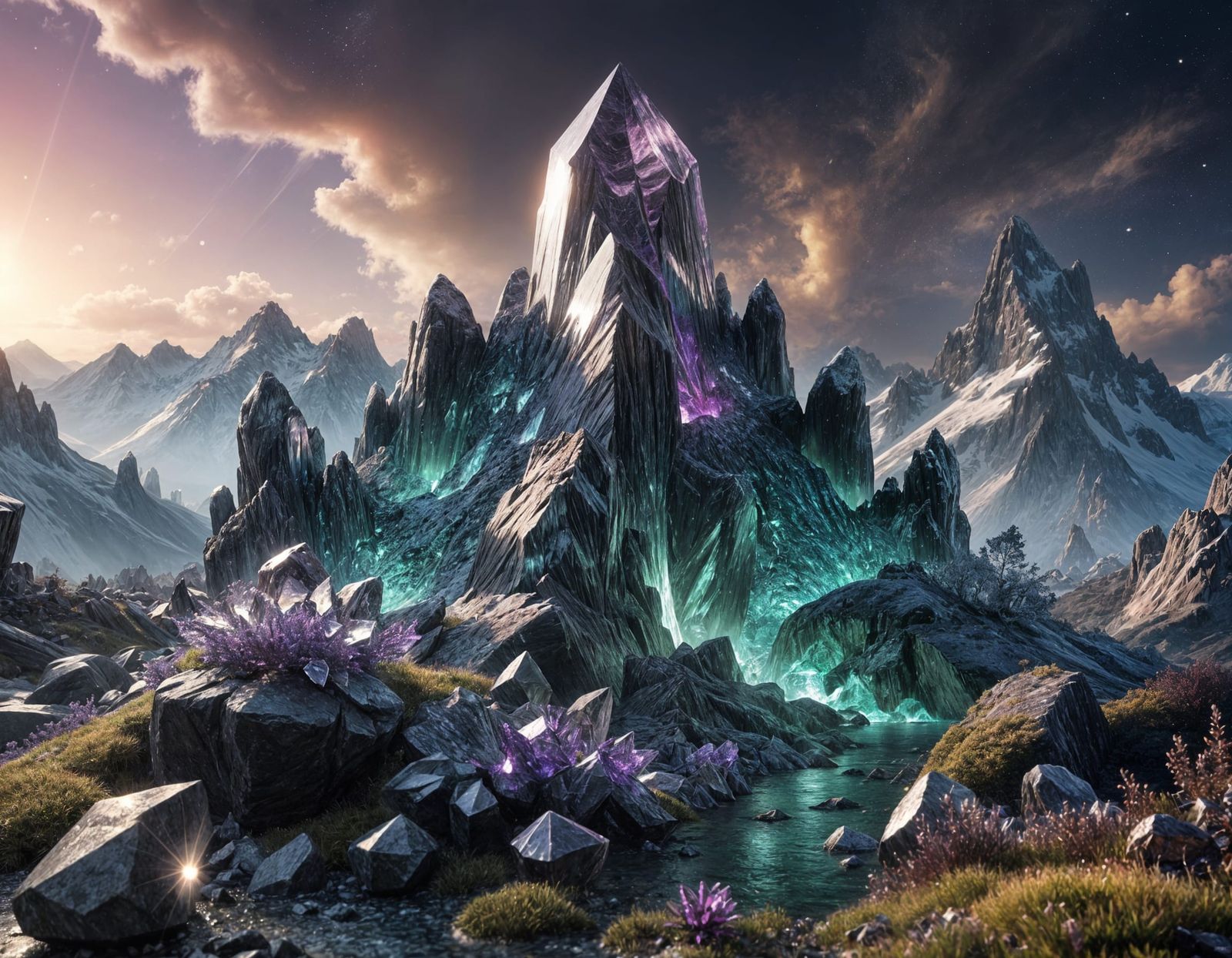 Cyberpunk Crystal Peaks in Majestic Twilight