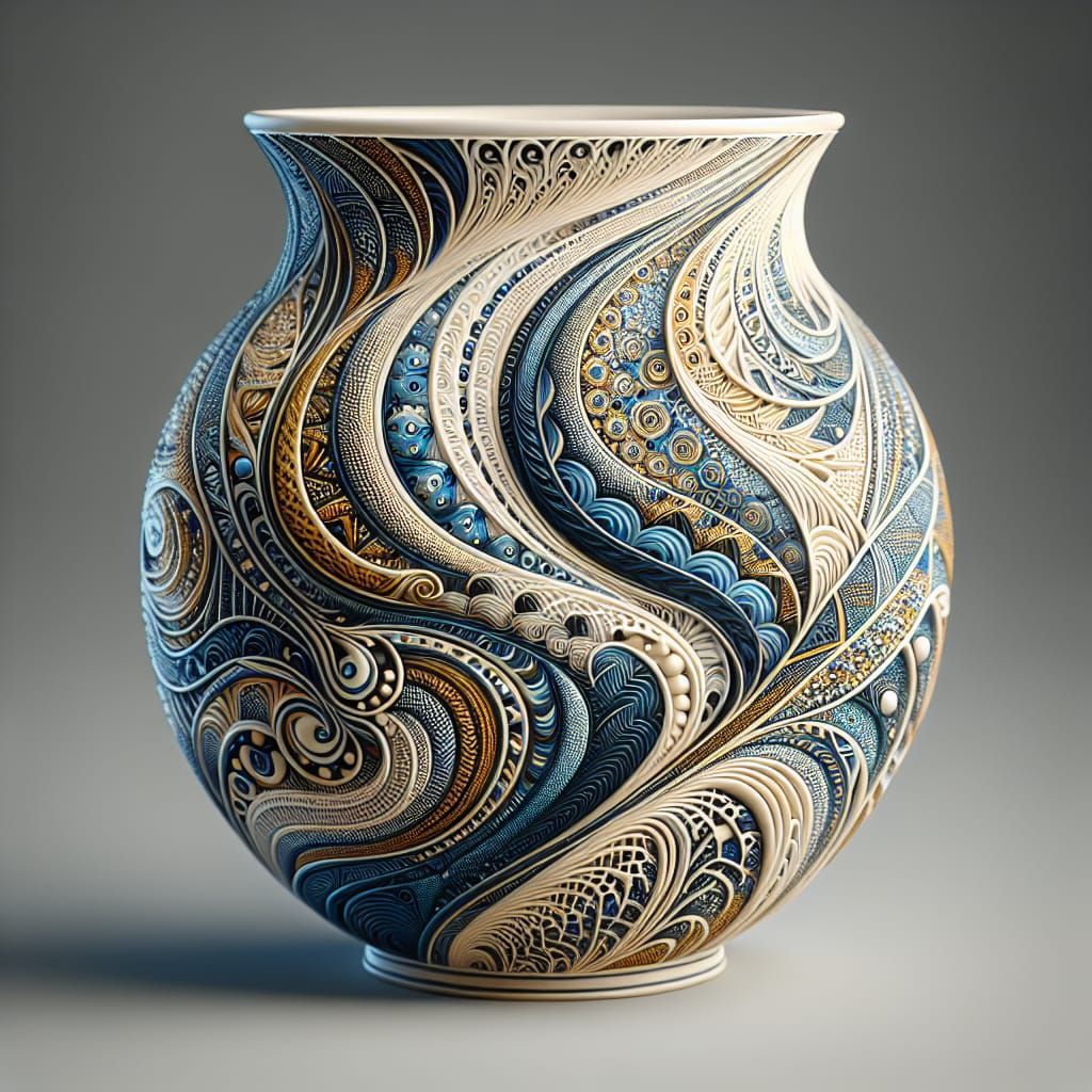 Hydro-Dipped Vase with Swirling Colors and Zentangle Art