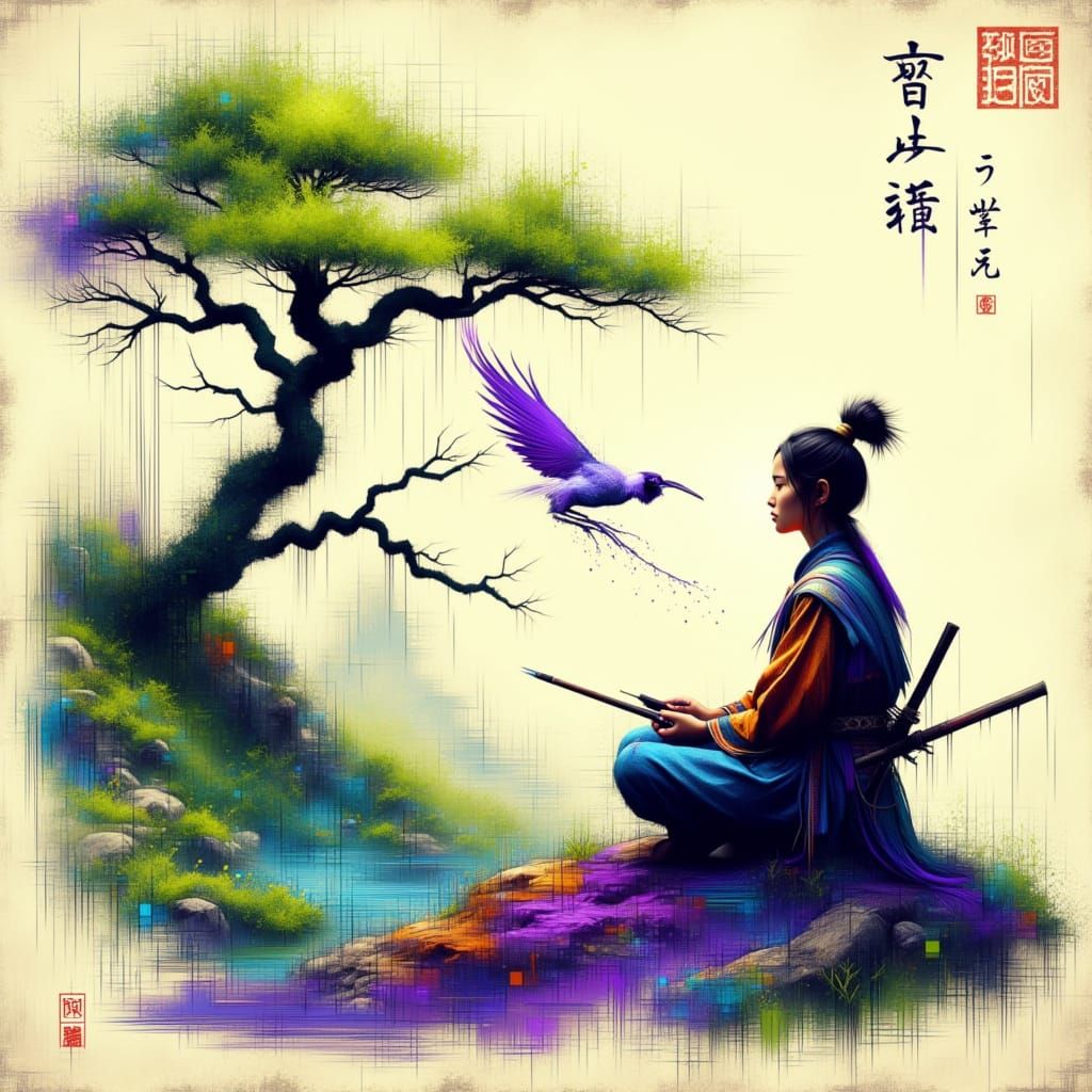 Samurai Haiku Poet in Dreamlike Landscape