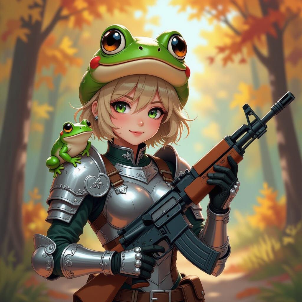 Anime Girl in Armor with Frog Hat and AK-74 in Autumn Forest