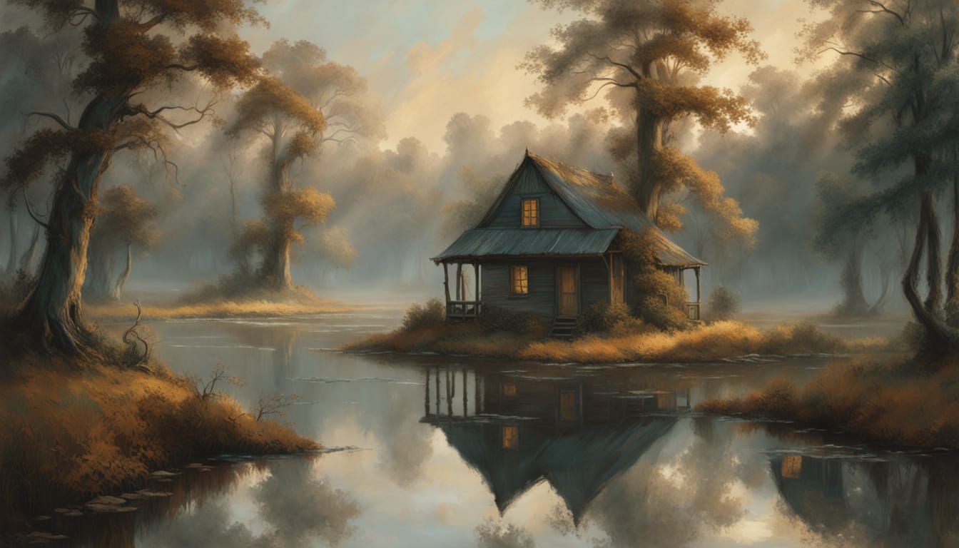 Luminous Dawn in a 19th-Century Romantic Swamp