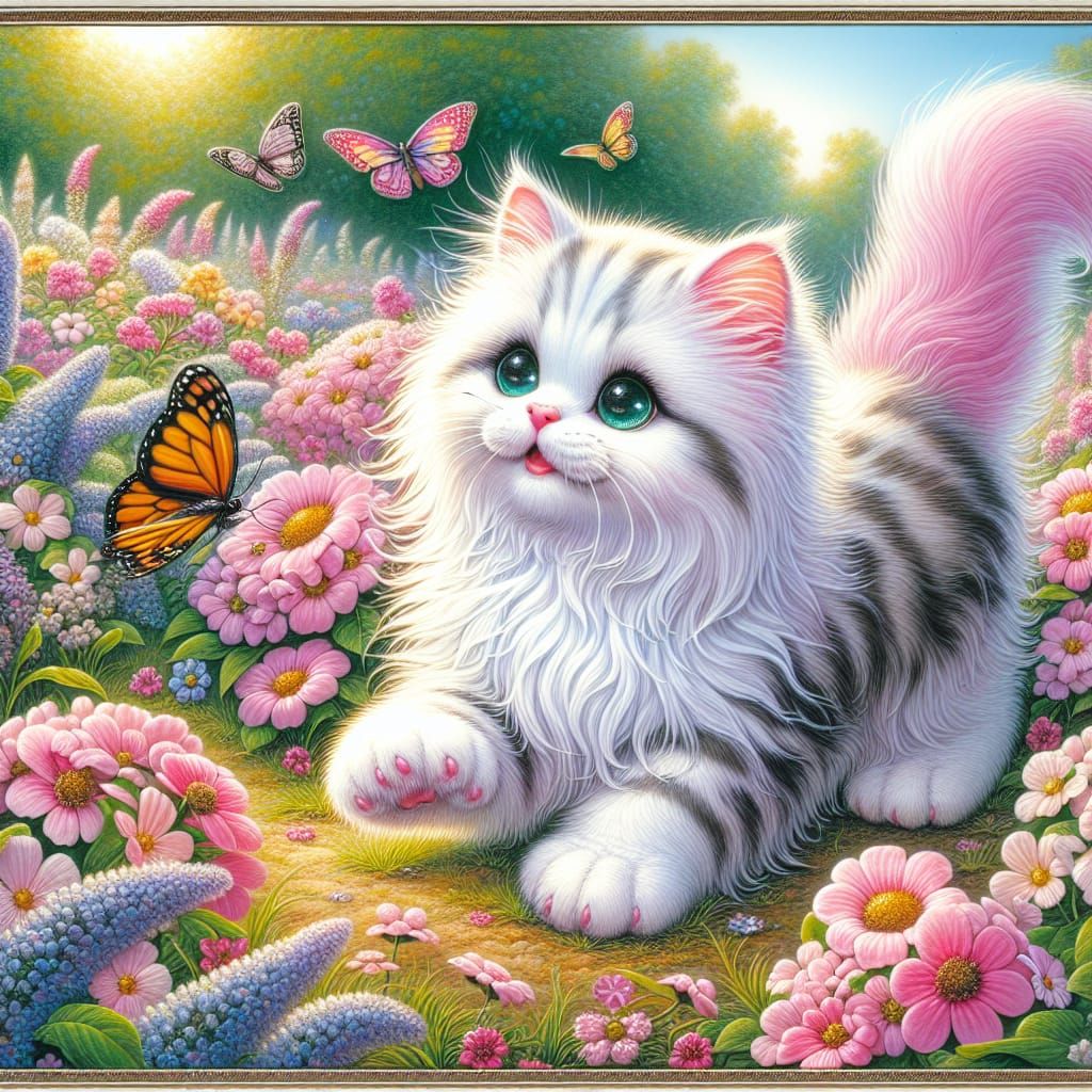 Pastel Kitten's Butterfly Chase: A Gouache Storybook Scene