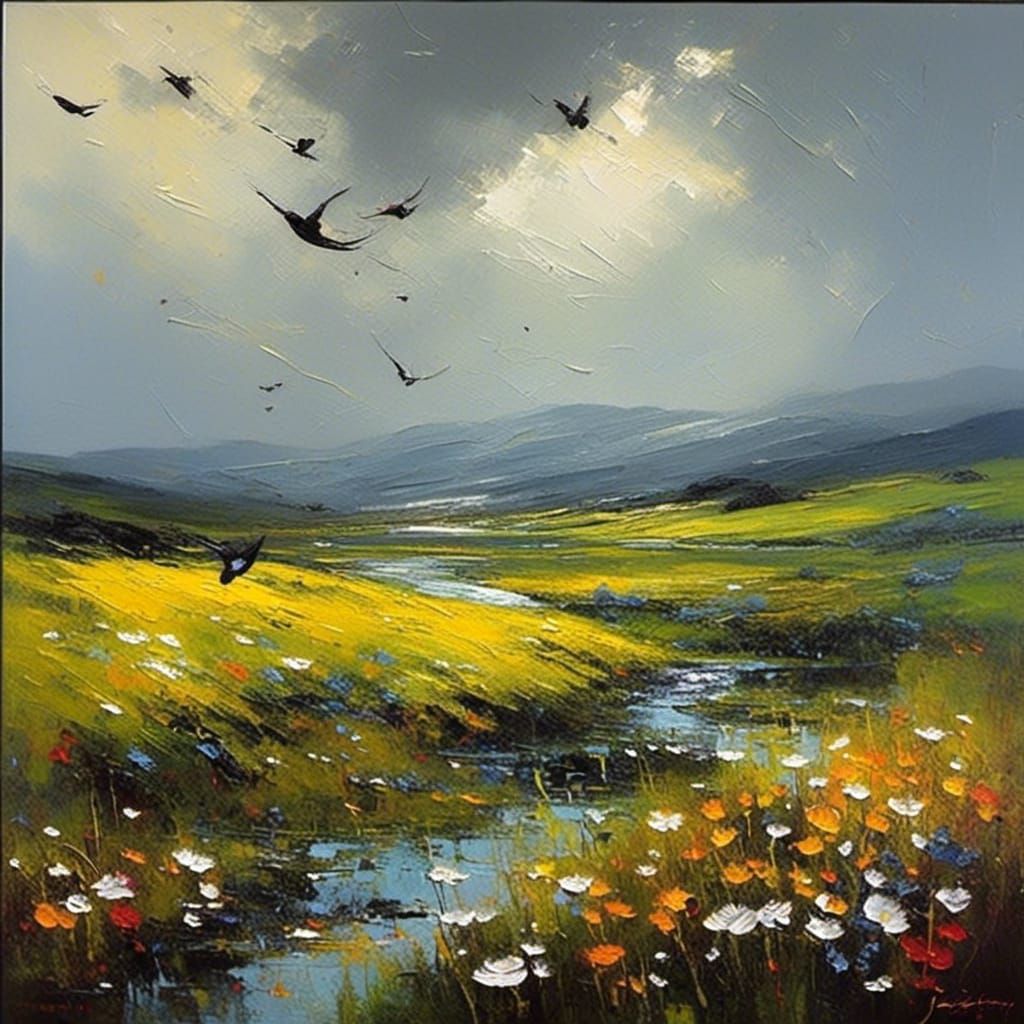 Wildflower Meadow with Birds in Impasto Oil Painting