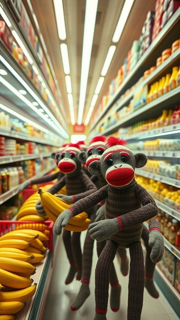Sock Monkeys in a Retro-Futuristic Grocery Store, Surreal Dr...