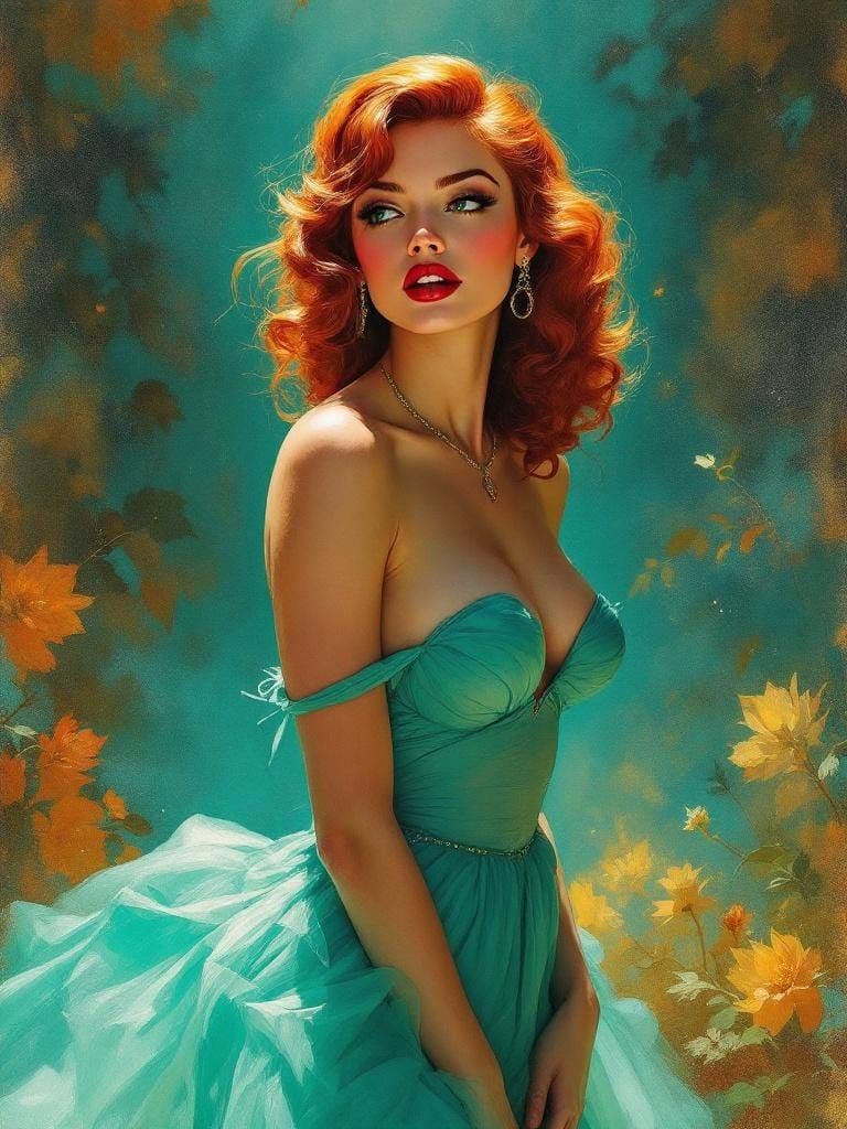 1950s Redhead Pin-Up in Impressionist Style