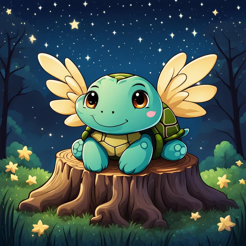 Winged Kawaii Turtle Under Starry Night Sky