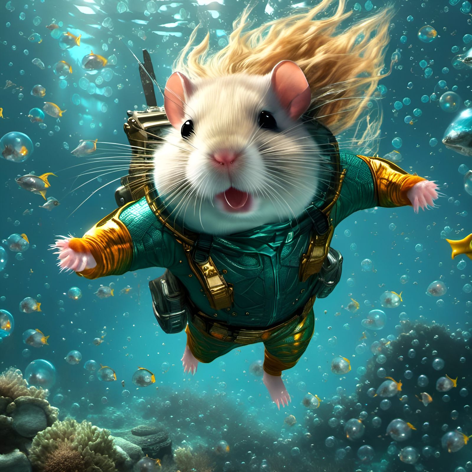 Aquaman Hamster in Deep Underwater Photograph