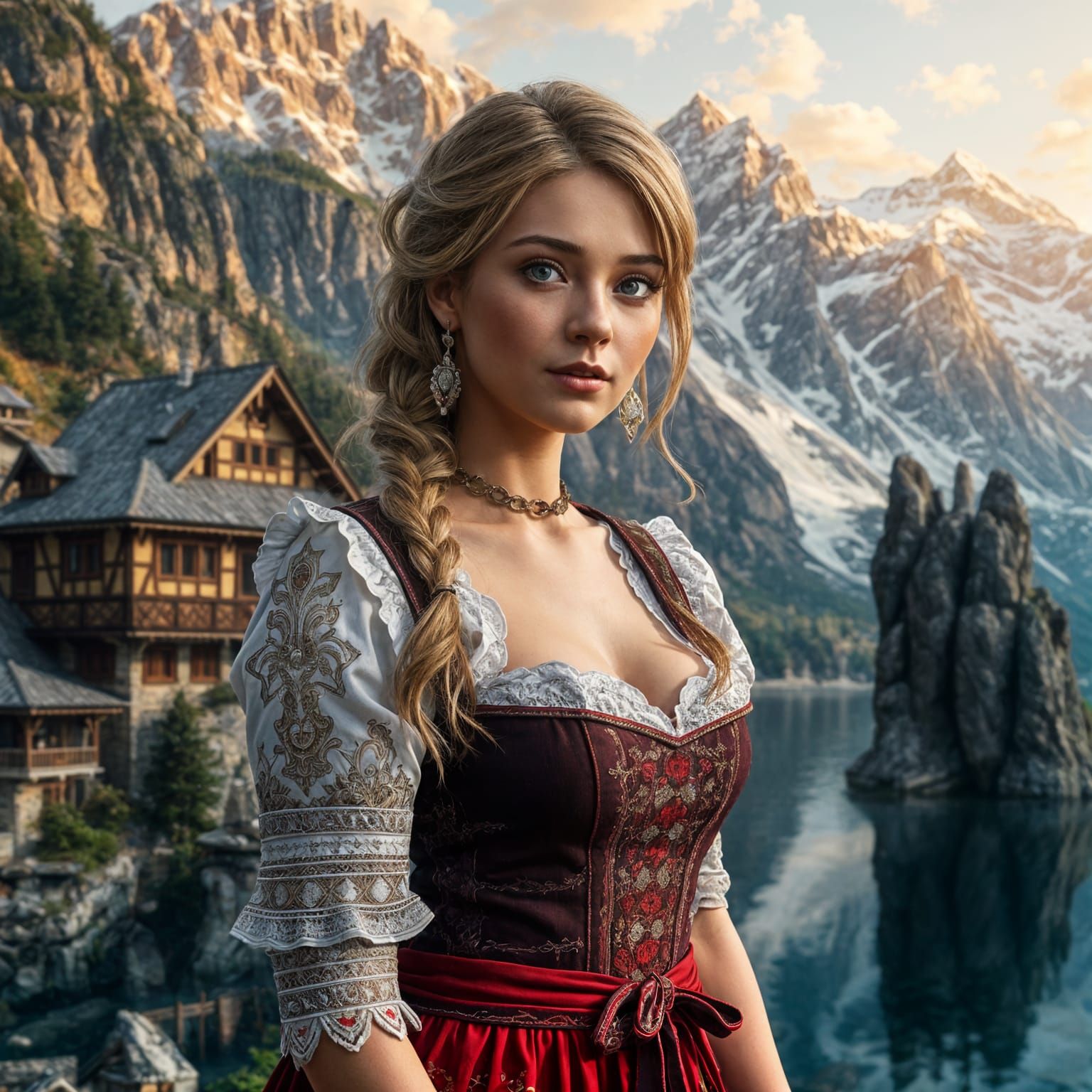 German Girl in Traditional Dress: Detailed Matte Painting