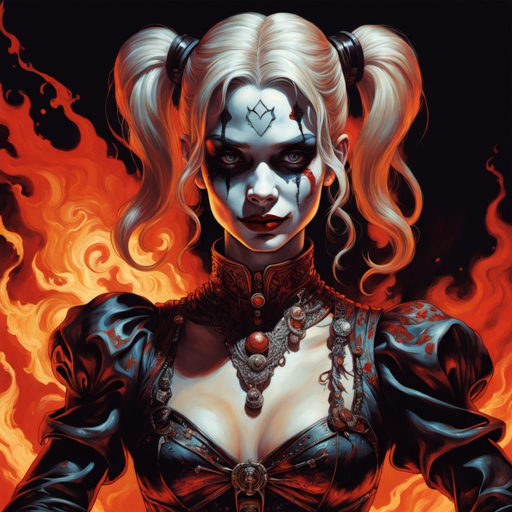 Harley Quinn in Flames: Ukiyo-e Noir Portrait