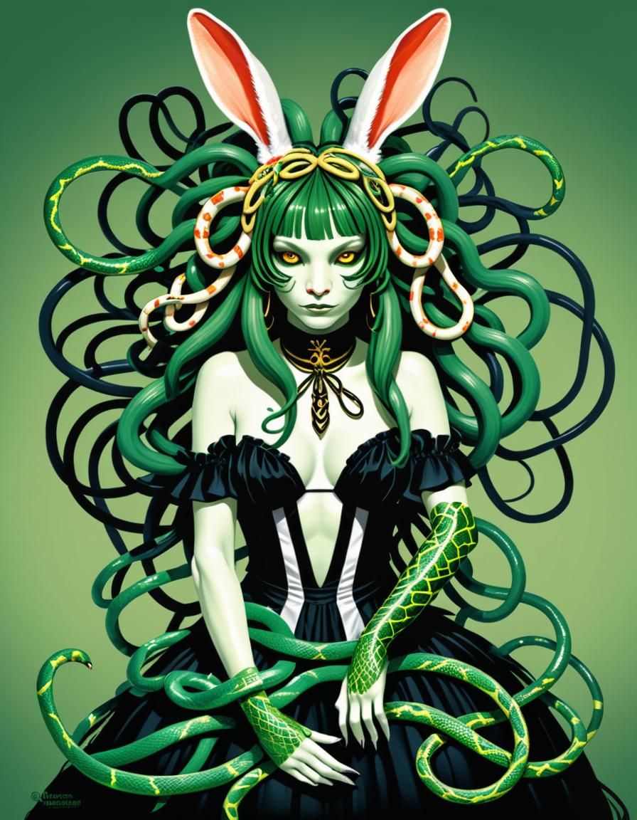 Medusa Reimagined: Rabbit with Garter Snake Hair