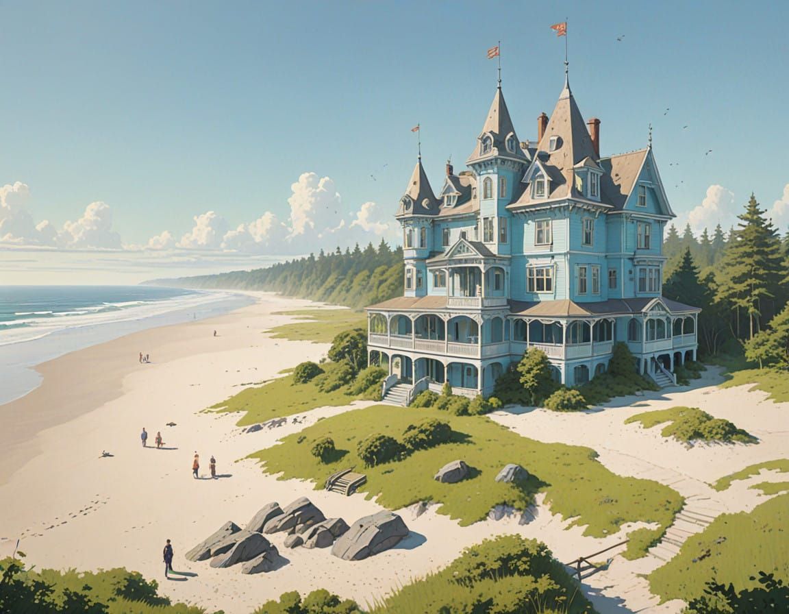 Ethereal Victorian Mansion on a Dreamy Morning Beach