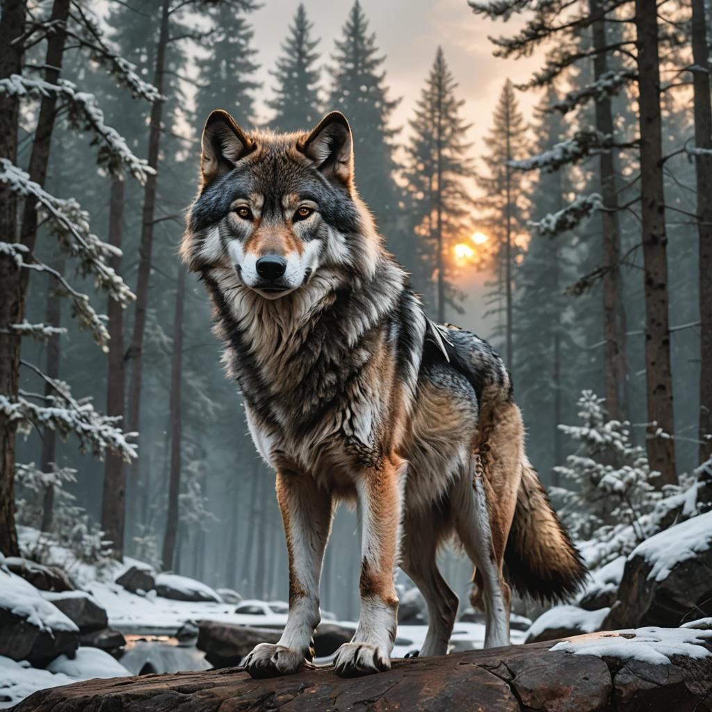 Majestic Wolf in a Cool, Surreal Landscape