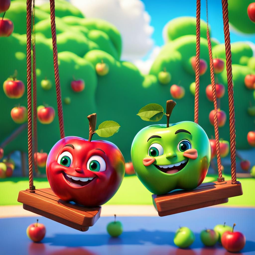 Smiling Chibi Apples on a Swing, 3D Digital Art