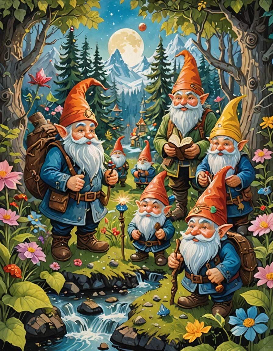 Gouache Painting of Gnomes and Fey