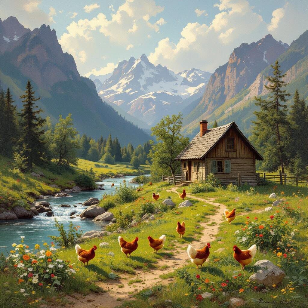 Serene Mountain Landscape with Rustic House