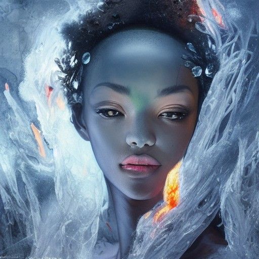 Icy Goddess Surrounded by Fire in Surreal Painting