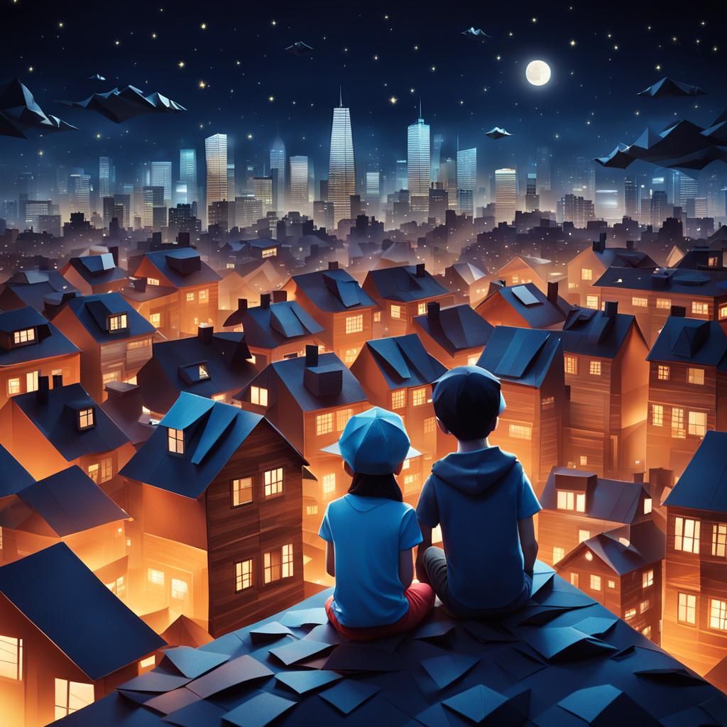 Night Rooftop Scene in Origami Papercraft Style