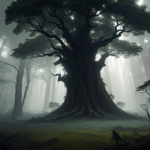 Ancient Fantasy Tree in a Vibrant, Misty Forest
