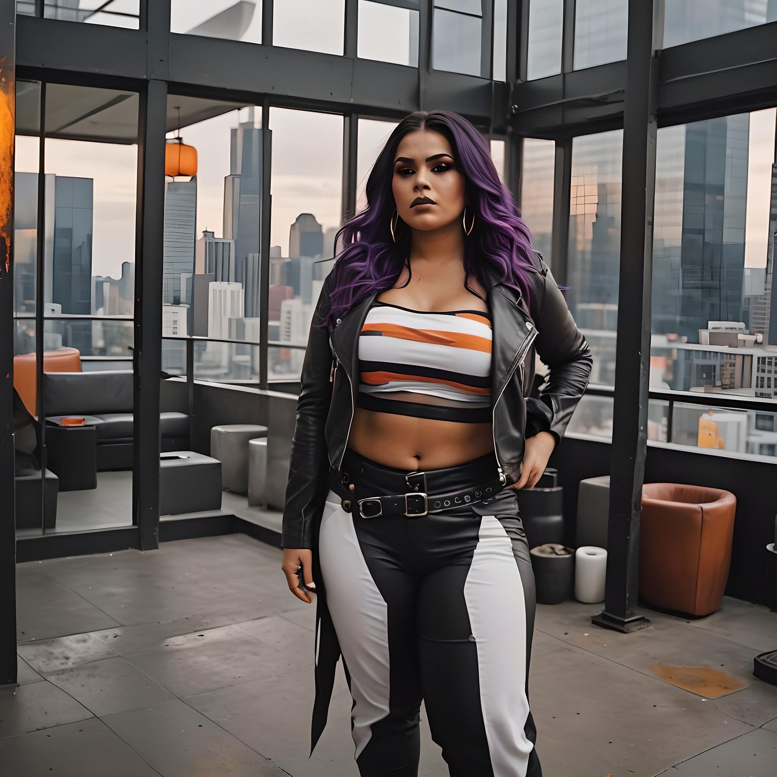 Curvy Woman in Skyscraper Lounge: Cinematic Film Still