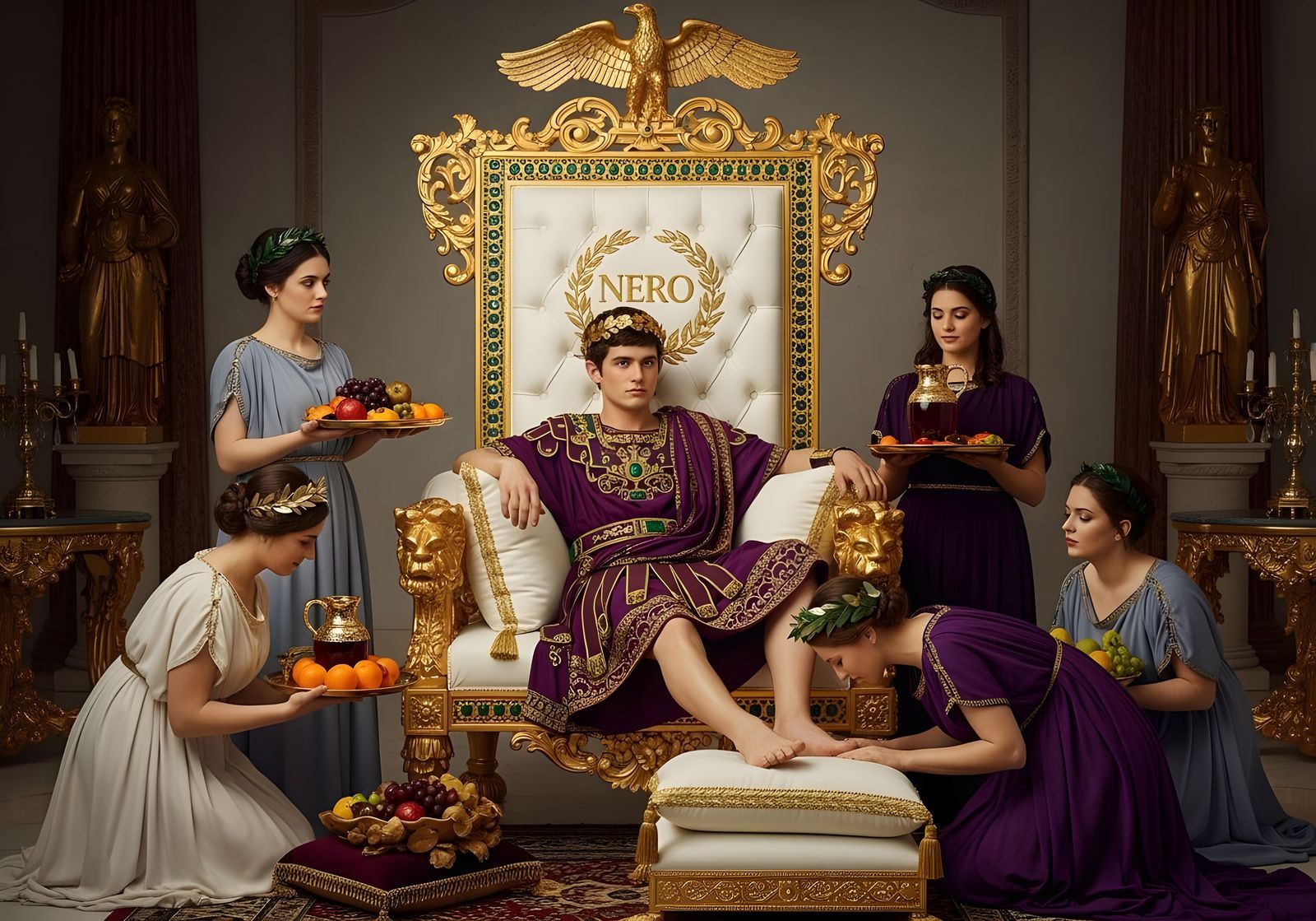 Emperor Nero on Gold Throne in Royal Bedroom