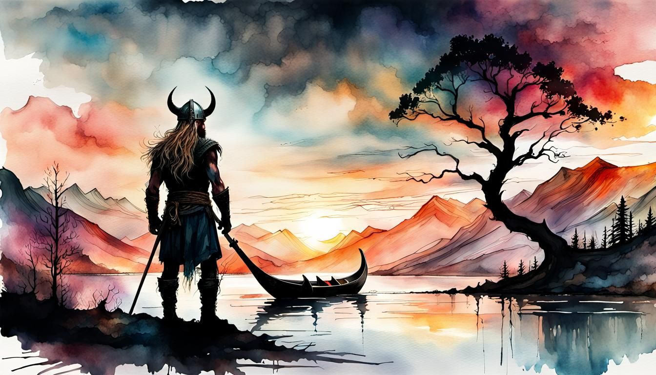 Silhouette of a Viking warrior against a mystical sunset, Vi...