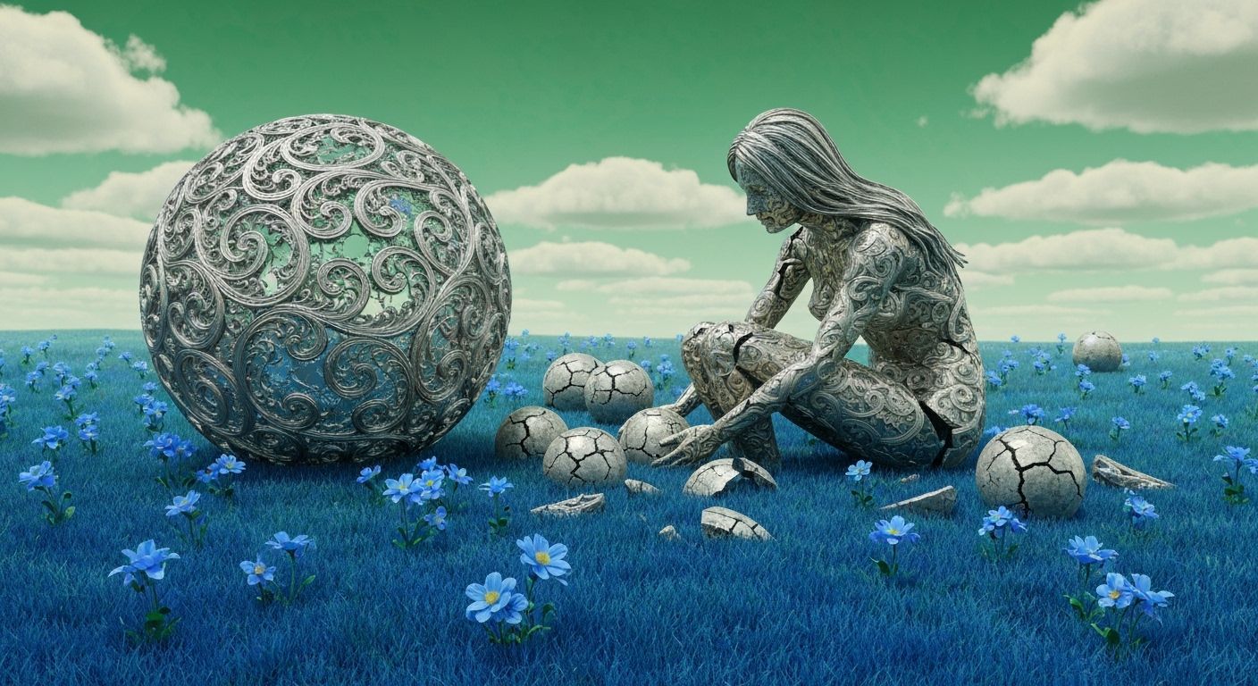 Surreal Landscape with Woman and Fragmented Sculpture