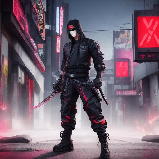 Cyberpunk Ninja with Katana and Shuriken