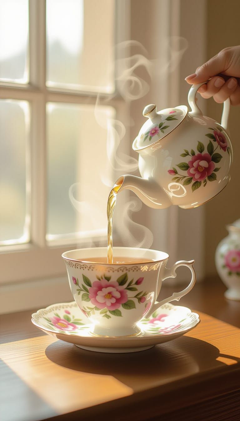 Whimsical Teapot Pours into Floral Cup, Vintage Botanical St...