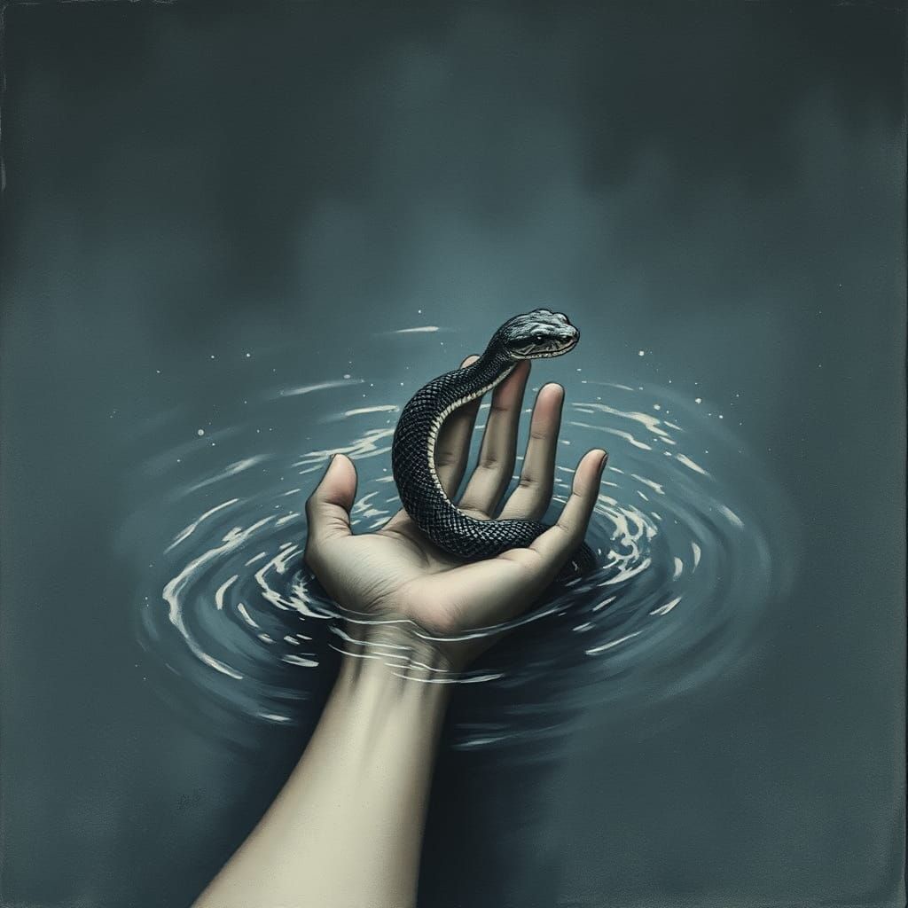 Hand Submerged with Serpent in Dark Artistic Style