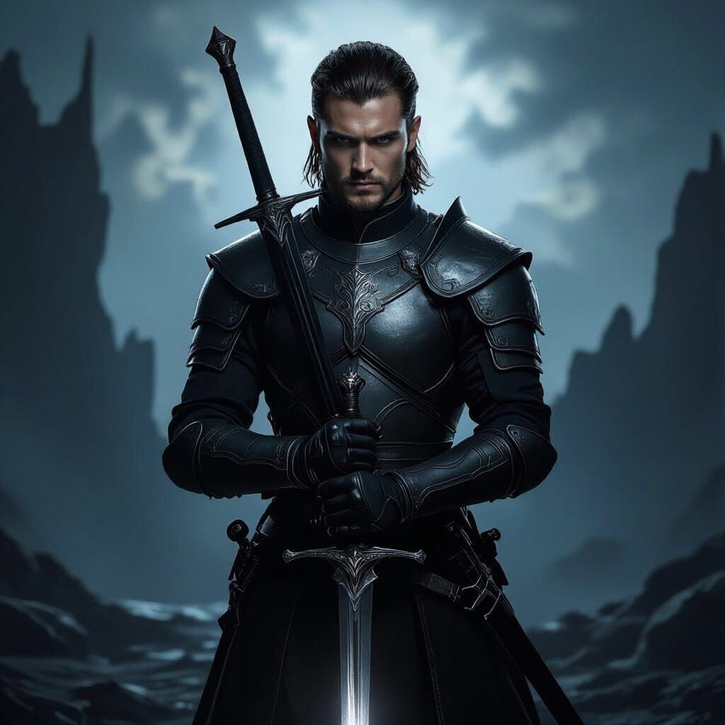 Mysterious Warrior with Glowing Sword in Shadowy Landscape